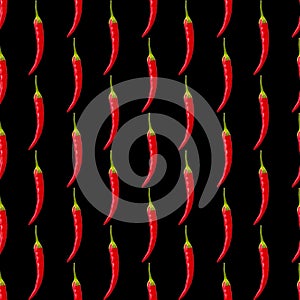 Seamless simple pattern of one red hot pepper on black background