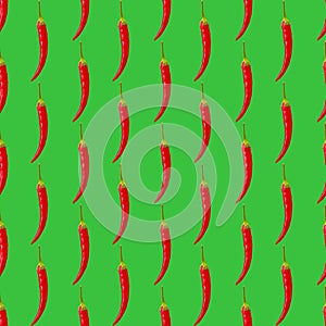 Seamless simple pattern of one red hot pepper on green background