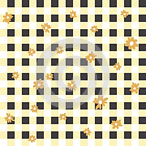 Seamless simple pattern of squares, geometric black and yellow with orange flower vector background