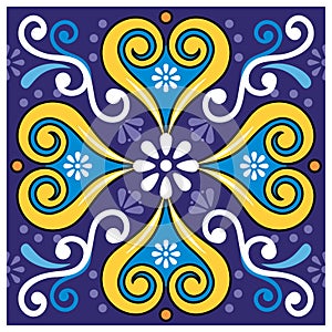 Seamless and single tile vector pattern inspired by talavera art from Mexico, repetitive design with flowers and swirls in navy bl