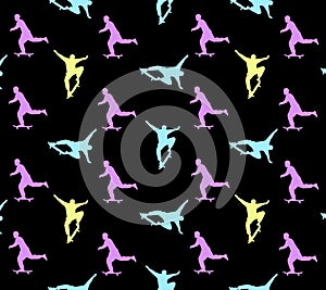 Seamless skateboarding pattern with multi-colored silhouettes of skateboarders on black background