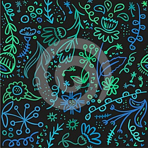 Seamless sketch floral pattern in turquoise and green colors.