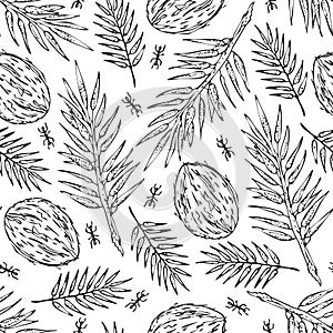 Seamless sketch of jungle leaves print. Vector monochrome illustration on light background. Original hand-drawn floral pattern. 