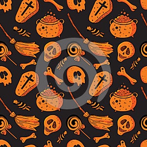 Seamless skull and bone pattern on black background in . Background of orange skeleton. Bright design for textile, paper,