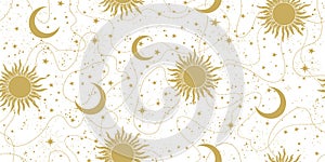 Seamless sky background with golden stars, sun and moon on a white background. Astrology banner, pattern for tarot, boho