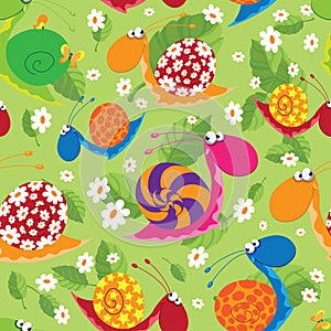 Seamless snails with flowers and leaves