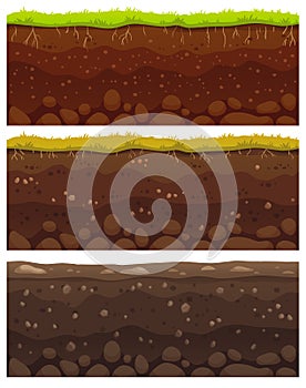 Seamless soil layers. Layered dirt clay, ground layer with stones and grass on dirts cliff texture vector pattern photo