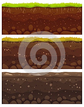 Seamless soil layers. Layered dirt clay, ground layer with stones and grass on dirts cliff texture vector pattern