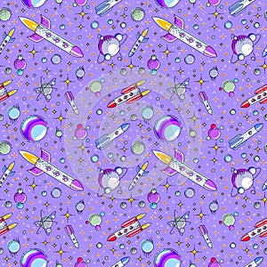 Seamless space background with rockets, planets and stars, undiscovered deep cosmos fantastic and breathtaking textile fabric for