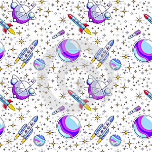 Seamless space background with rockets, planets and stars, undiscovered deep cosmos fantastic and breathtaking textile fabric for