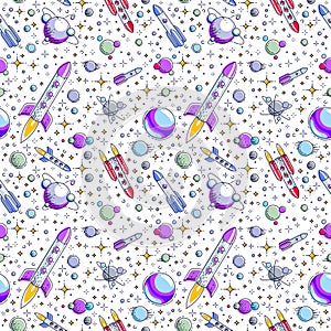 Seamless space background with rockets, planets and stars, undiscovered deep cosmos fantastic and breathtaking textile fabric for