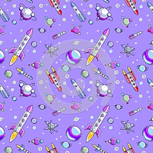 Seamless space background with rockets, planets and stars, undiscovered deep cosmos fantastic and breathtaking textile fabric for