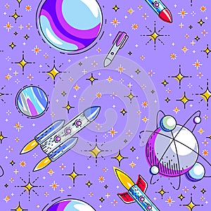 Seamless space background with rockets, planets and stars, undiscovered deep cosmos fantastic and breathtaking textile fabric for