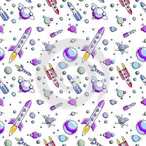 Seamless space background with rockets, planets and stars, undiscovered deep cosmos fantastic and breathtaking textile fabric for photo