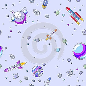 Seamless space background with rockets and planets, undiscovered deep cosmos fantastic and breathtaking textile fabric for