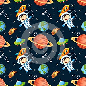 Seamless space pattern with astronaut, Earth, saturn, UFO, rockets and stars