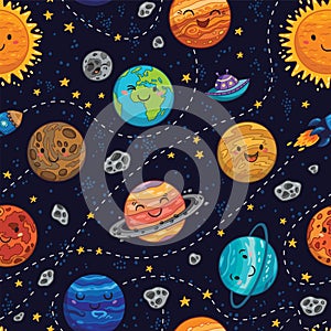 Seamless space pattern background with planets, stars and comets.