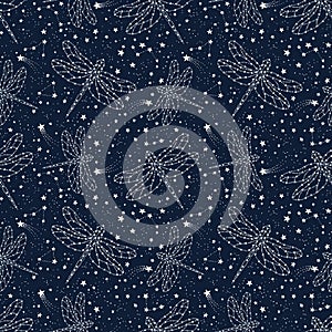 Seamless space pattern with dragonfly, constellations and stars