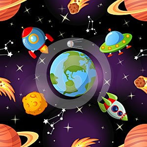 Seamless space pattern with Earth, saturn, UFO, rockets moon and stars photo