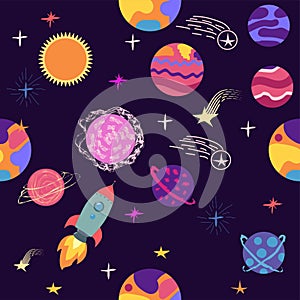 Seamless space pattern. Planets, rockets and stars. Cartoon spaceship icons. Kid\'s elements for scrap-booking
