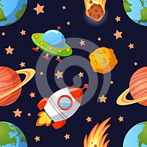 Seamless space pattern with planets, UFO, rockets and stars. photo