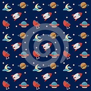 Seamless space pattern with rockets, planets, stars, scopes,moon, observatory and others equipments