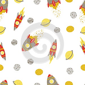 Seamless space pattern with single elements: rocket, planets, Jupiter, Saturn, moon, children's print, universe, space