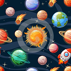 Seamless space pattern with Sun, Mercury, Venus, Earth, Mars, Jupiter, Saturn, Uranus, Neptune, Pluto, spaceship, asteroid and sta