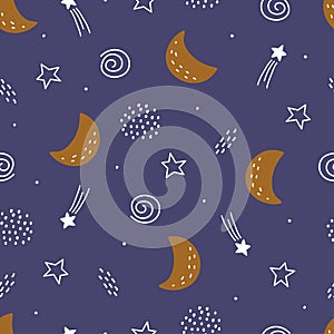 Seamless space and stars pattern for kids. hand drawn star background in cartoon style