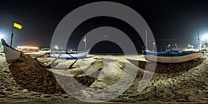 seamless spherical hdr 360 night panorama near fishing boats on the ocean in india in equirectangular projection, for VR AR