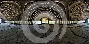Seamless spherical hdri panorama 360 degrees angle view inside of empty old aircraft hangar in equirectangular projection with