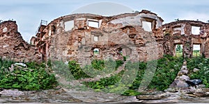 Seamless spherical hdri panorama 360 degrees angle view near brick wall of ruined castle in equirectangular projection with zenith