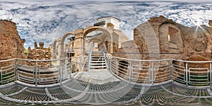 Seamless spherical hdri panorama 360 degrees angle view near brick wall of ruined castle in equirectangular projection with zenith