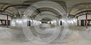 Seamless spherical hdri panorama 360 degrees in interior of large empty room as warehouse, hangar or gallery with spotlights in