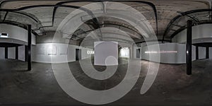 seamless spherical hdri 360 panorama in dark interior of large empty room as warehouse, hangar or gallery with spotlights in