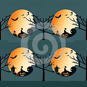 Seamless Spooky Halloween Pattern Featuring a Tree, Jack-O-Lantern, Bat, and Moon