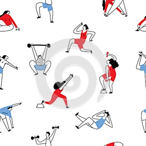 Seamless sport exercising people pattern. Training men and women