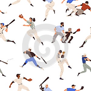 Seamless sport pattern with baseball game players, bats, gloves, balls print. Repeating background, texture design with