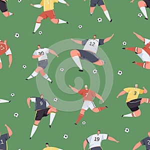 Seamless sports pattern with active football players, kicking soccer balls on grass field. Endless repeatable background