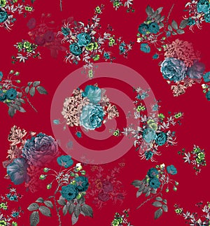 Seamless Spring Flowers and Leaves. Botanical Pattern, on Red Background.