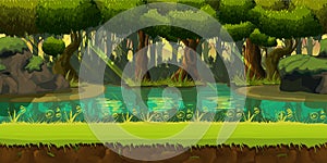 Seamless spring forest landscape, never ending vector nature background with separated layers for game design