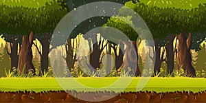 Seamless spring forest landscape, never ending vector nature background with separated layers for game design