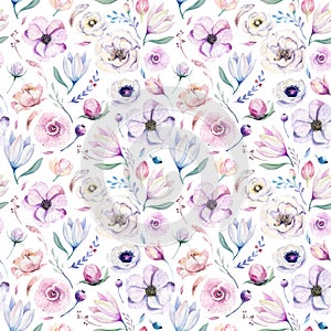 Seamless spring lilic watercolor floral pattern on a white background. Pink and rose flowers, weddind decoration