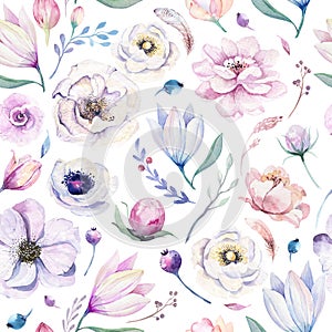 Seamless spring lilic watercolor floral pattern on a white background. Pink and rose flowers, weddind decoration