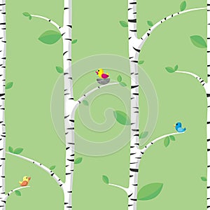 Seamless spring pattern with birch trees and birds