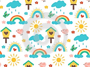 Seamless spring pattern with birds, birdhouse, rainbow and clouds with cute colored flowers. Vector illustration for