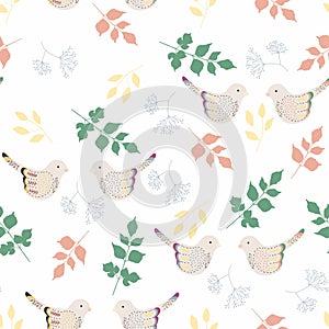 seamless spring pattern with birds, herbs and eggs. Easter pattern. Cartoon illustration.