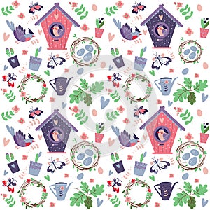 Seamless spring pattern with birds nests and bird houses