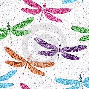 Seamless spring pattern with colorful mosaic dragonflies