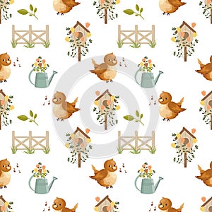 Seamless spring pattern, cute birds, birdhouses, watering cans with flowers. Background, baby wallpaper